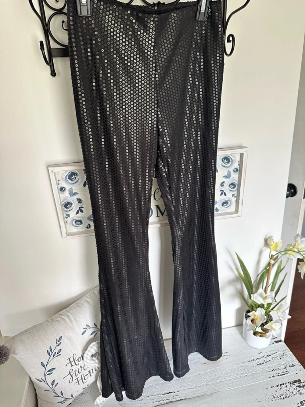 Glamorous Black Sequin Flare Pull On Pants - Picture 2 of 6